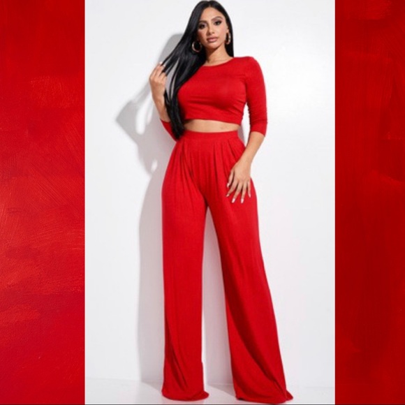 Red 2 Piece Crop Top Wide Leg Pants Set Chic & Chill - Picture 2 of 3